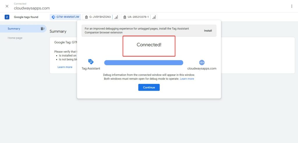 Kết nối thành công trên Google Tag Manager